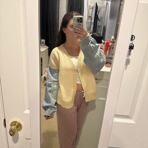 Cream Knot Cardigan with Light Denim Balloon Sleeves